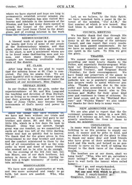 Aborigines Inland Mission monthly record: Redbournebury, St Clair & Orphan Home 1907. AIATSIS