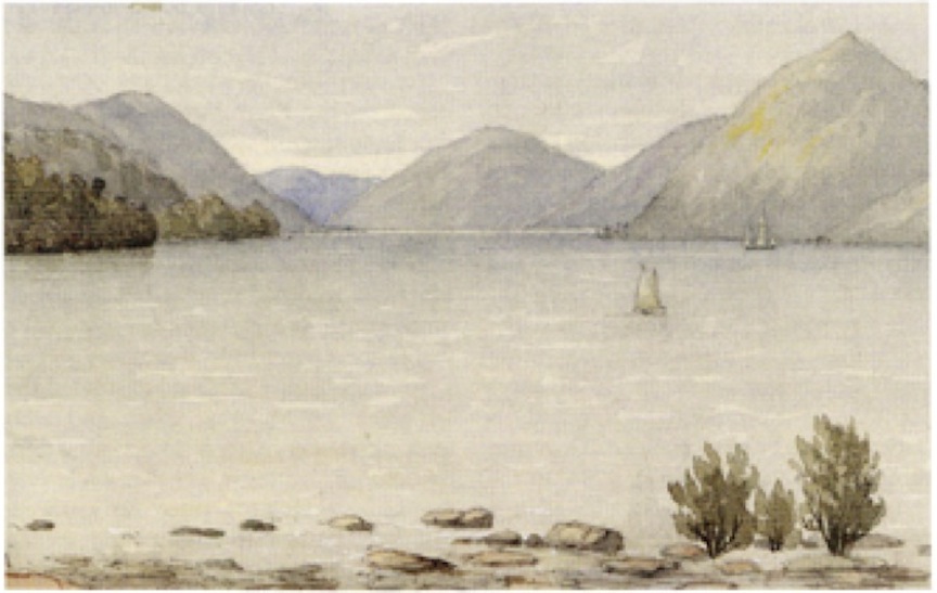 Hawkesbury River, Bar Mountain and Bar Island, watercolour 1882 Lewis ancestral burial ground: Bar Island at mouth of Marramarra Creek